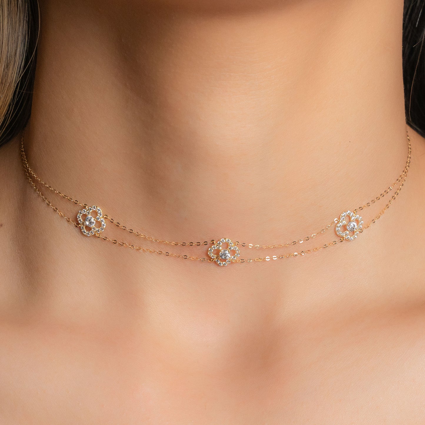Gold Double-Strand Floral Choker Necklace
