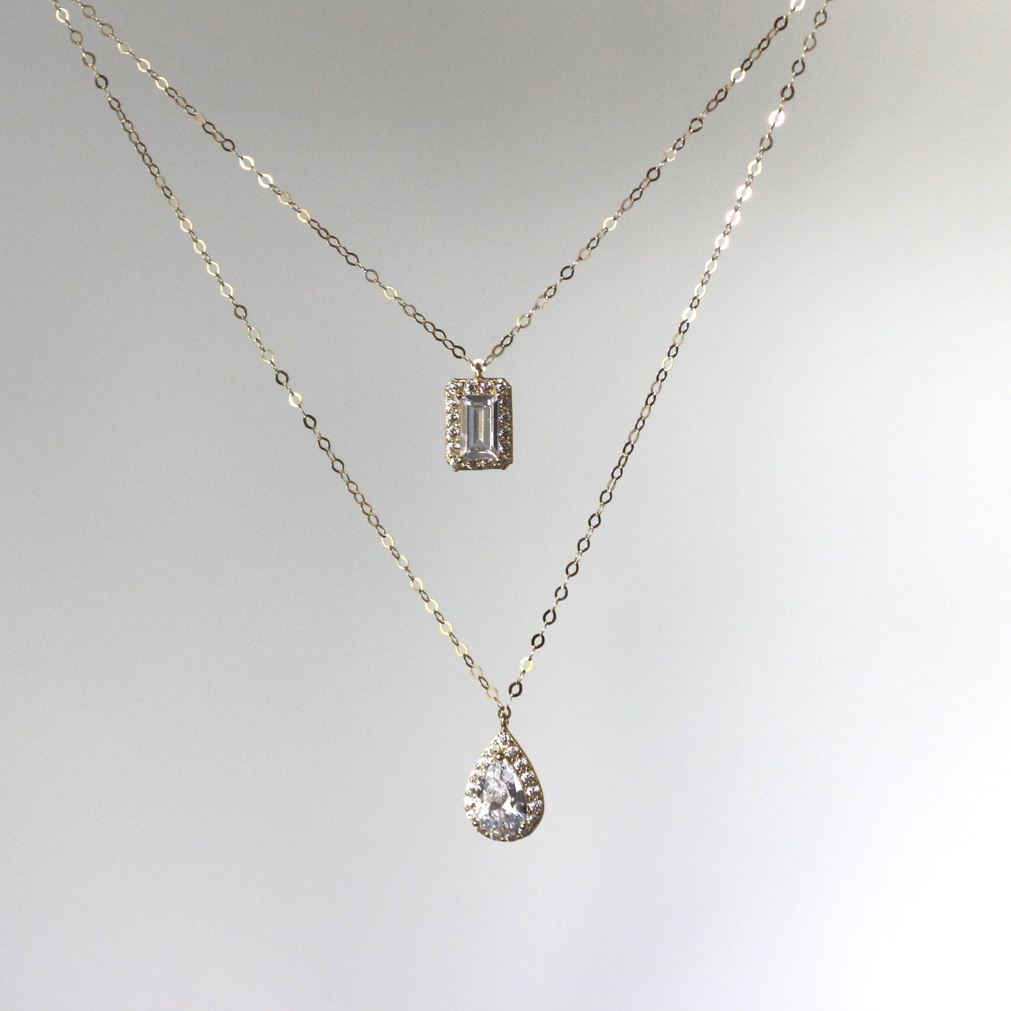 Emerald-Cut and Teardrop Zircon Double Necklace