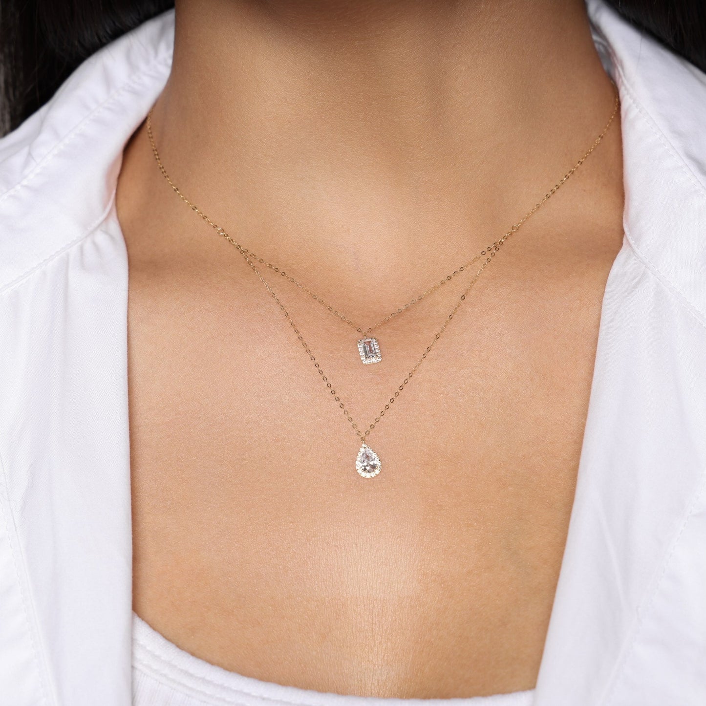 Emerald-Cut and Teardrop Zircon Double Necklace