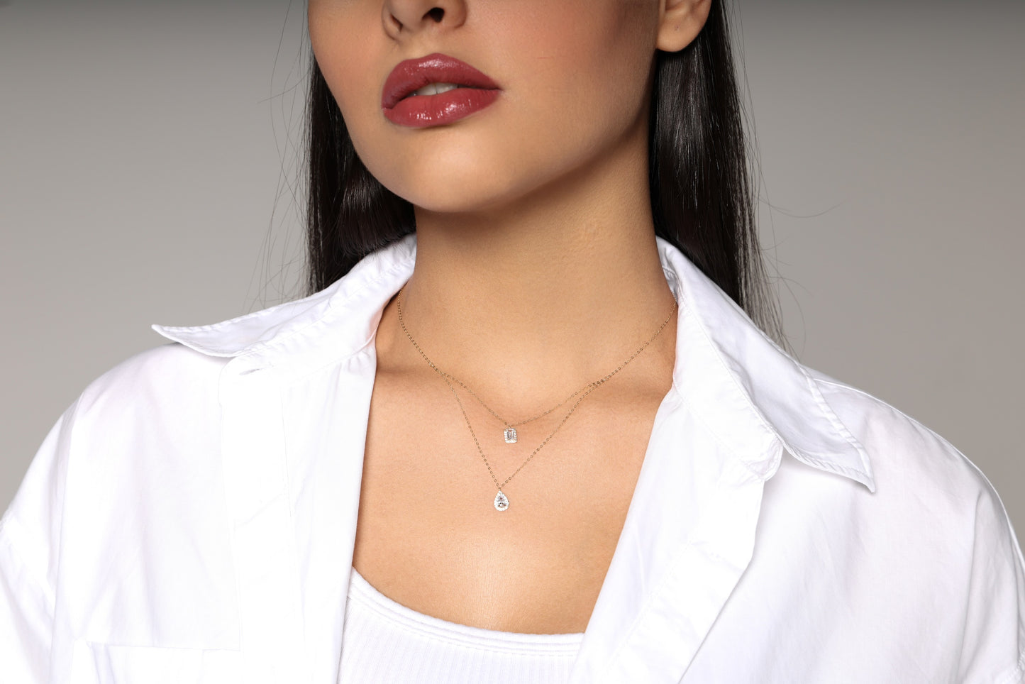 Emerald-Cut and Teardrop Zircon Double Necklace